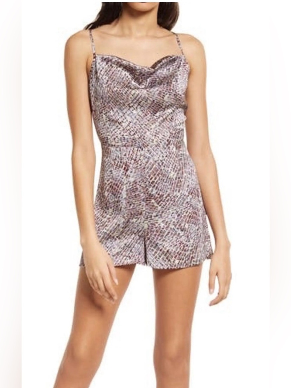 Women’s Open Edit Open Back Gray Purple Satin‎ Beach Vacation Romper Abstract S.
